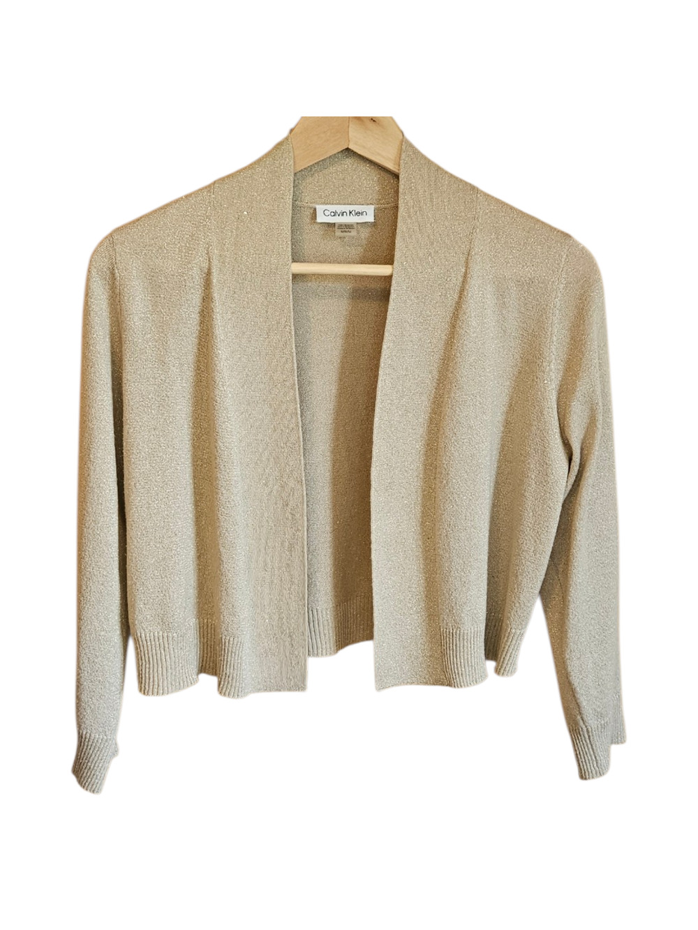 Calvin Klein Medium M Gold Shimmer Metallic Knit Open Front Cropped Cardigan